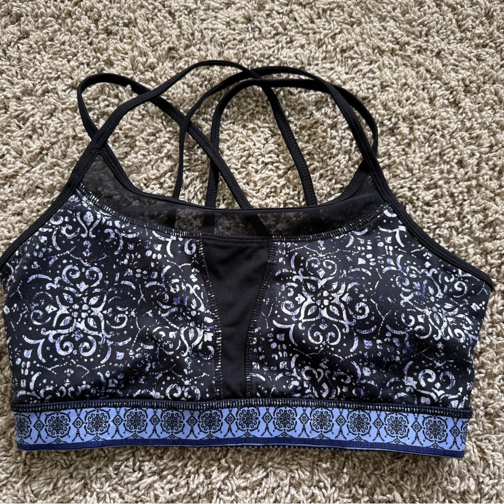 GAIAM Black and Blue Racerback Sports Bra with Bohemian Design